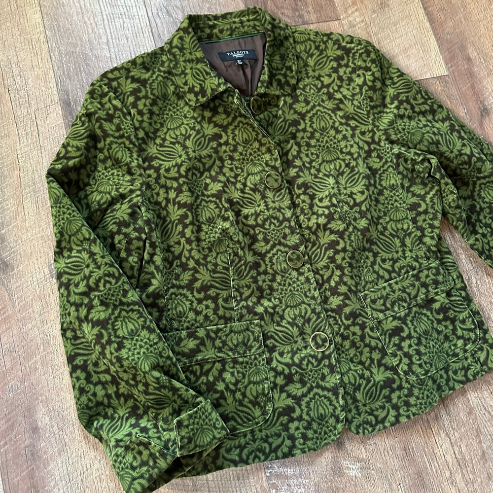 Women's TALBOTS Petite 16P Green Brown Floral Corduroy Blazer